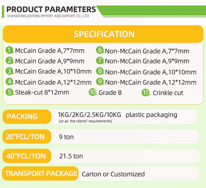 Automatische bevroren friet Bevroren friet Biologische IQF friet Bulk verpakking 10 kg vers materiaal 0